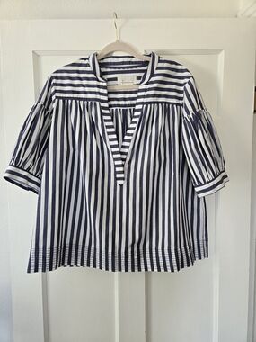 Striped Blue & White Peasant Top